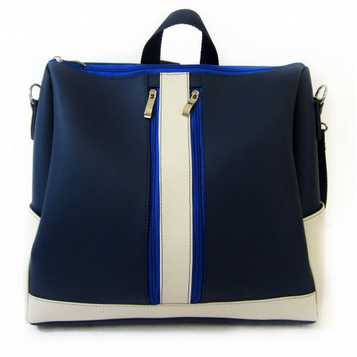 Bolsa Mochila em Material Sintético Azul e Creme Maria Adna