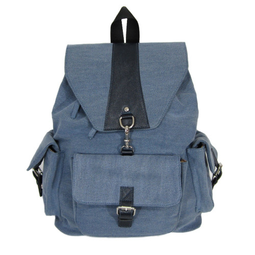 Mochila em lona estonada e couro azul jeans Maria Adna